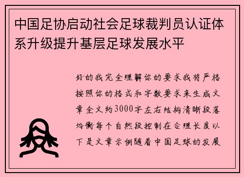 中国足协启动社会足球裁判员认证体系升级提升基层足球发展水平